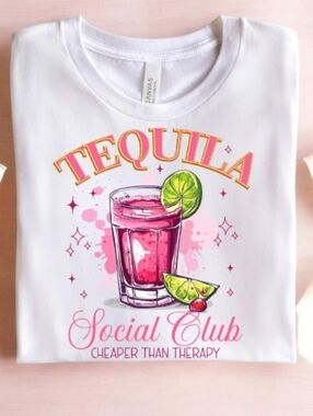 Bella Canvas White Tee with Pink Tequila Cocktail Graphic and Lime Accents